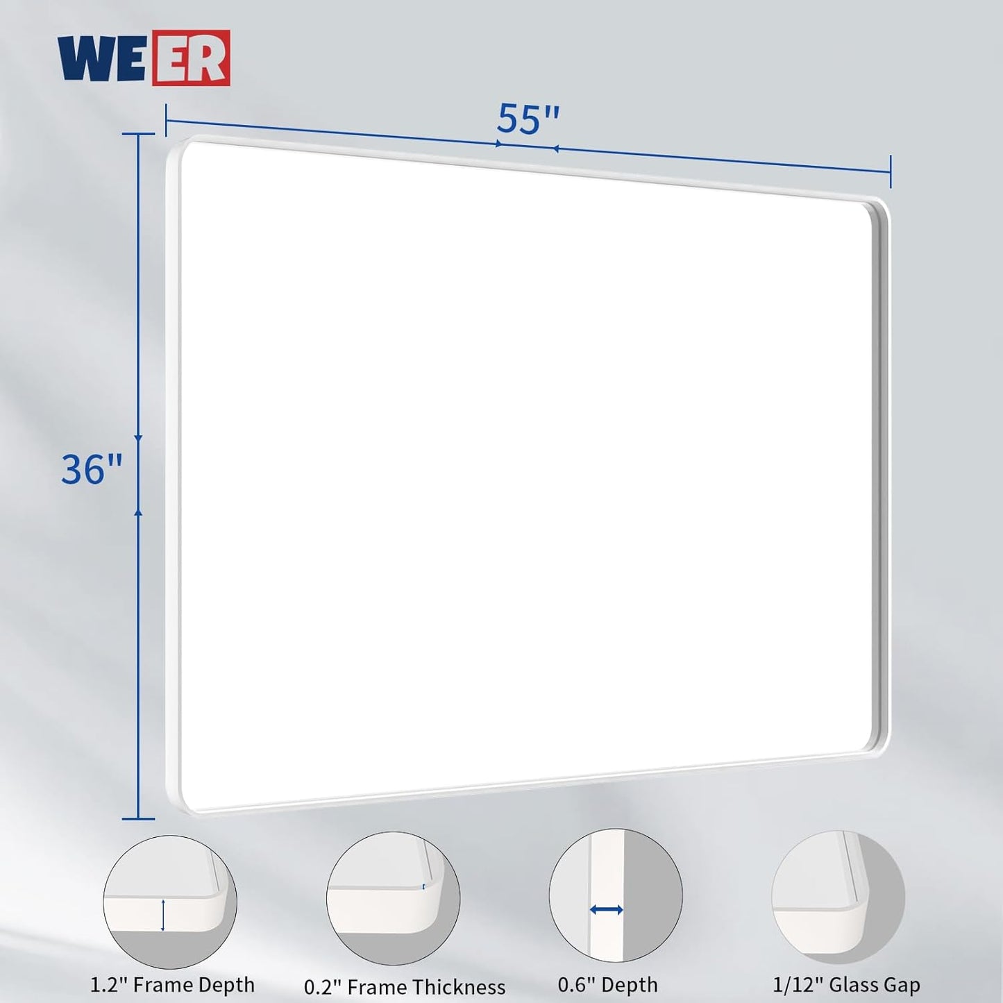 WEER White Bathroom Mirror 55X36 Inch, Rounded Rectangle White Metal Frame Mirror, Matte White Bathroom Vanity Mirror with Tempered Glass, Anti-Rust, Hangs Horizontally or Vertically