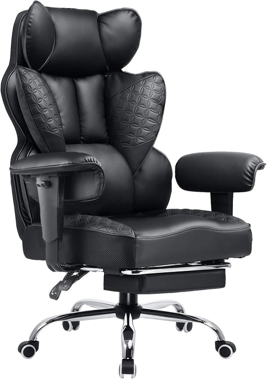 COMHOMA Big and Tall Office Chair 400LBS Wide Ergonomic Gaming Chair with Deluxe Embossing Leather with Foot Rest 150°Reclining Adjustable Armrests Pocket Spring Back Support and Without Pillow