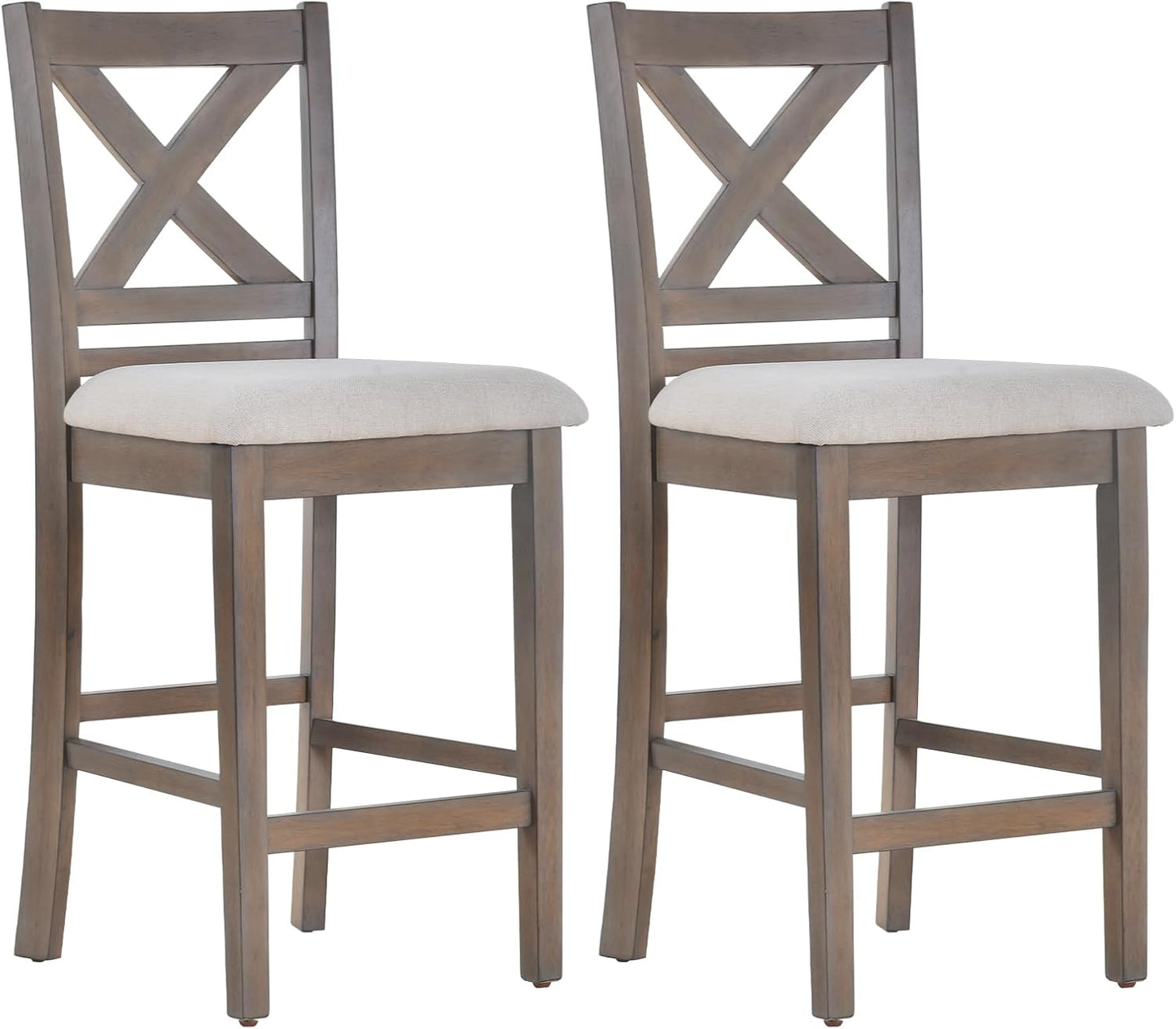 COLAMY Wooden Bar Stools Set of 2, Counter Height Bar Stools, Mid Century Modern Bar Stools with Backs, 25 Inch Upholstered Fabric Wooden Barstools for Kitchen Island Dining Room Bar, Light Brown Wash