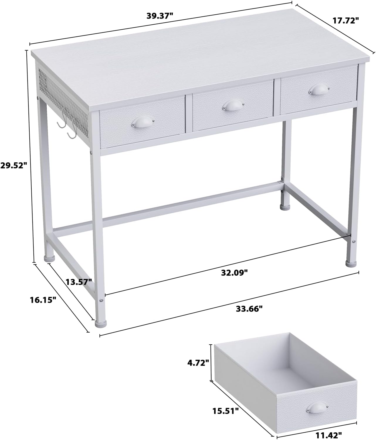 Furologee White Small Computer Desk with 3 Fabric Drawers,40 Inch Simple Table Home Office Writing,Vanity Desk with Hooks, Study Desk for Bedroom Small Spaces