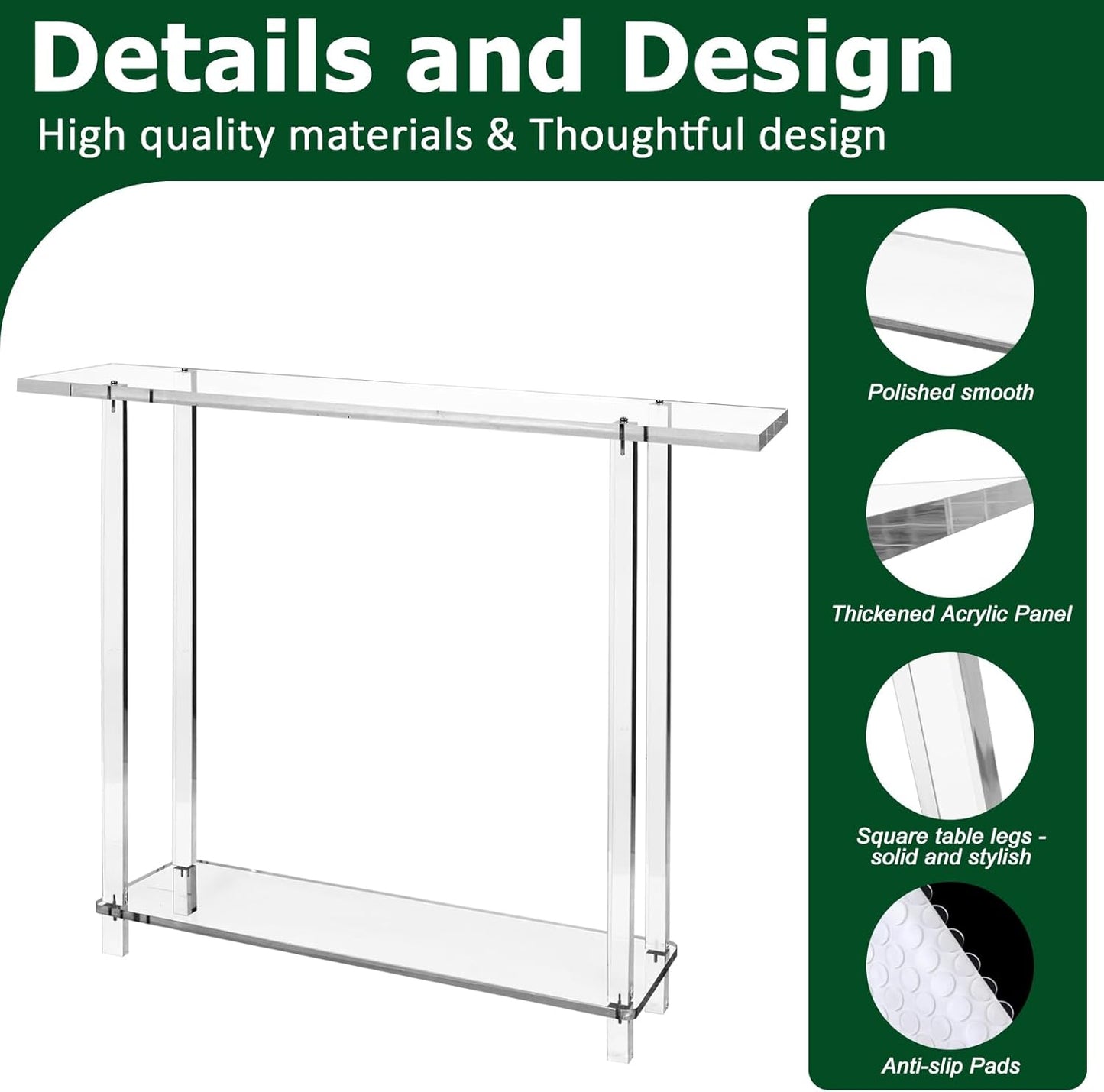 Acrylic Narrow Console Table for Entryway 7.6" D x 39.4" W x 31.5" H Clear Modern Skinny Bookshelf Slim Entry Table Waterfall Desk Furniture for Sofa Foyer Hallway Living Room Dining Room