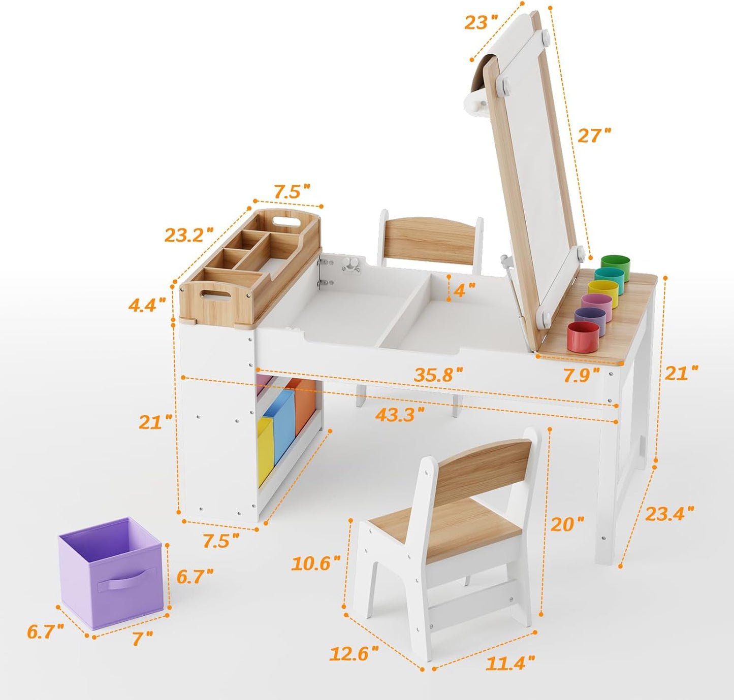 Kids Art Table and Chair - Toddler Craft Table and Chairs Set with 2 Chair & Bins, Kids Activity Desk with Paper Roll for Playrooms & Classroom, 44" L x 24" W, Natural