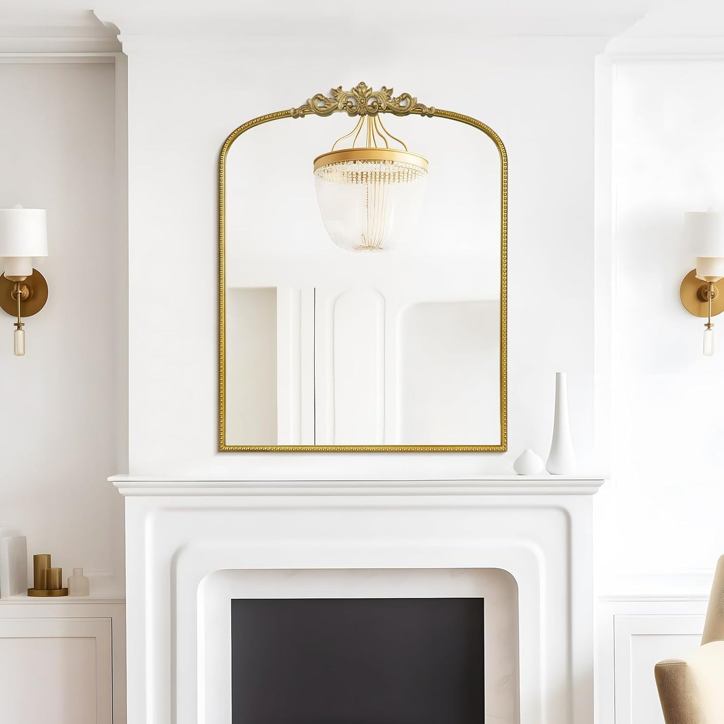 WallBeyond Gold Vintage Mirror for Vanity 28x36 Inch, Gold Antique Mirror with Ornate Frame, Arched Vintage Wall Mirror for Bathroom, Living Room, Fireplace, Entryway