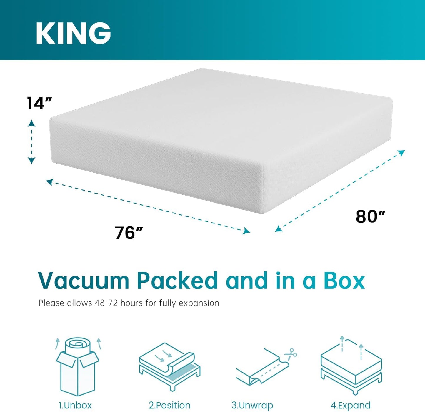 FDW | 14 Inch King Mattress | Medium Firm | Gel Memory Foam Mattress | White | Bed in a Box, CertiPUR-US Certified | Pressure Relief, Cooling Ventilated Foam | Washable Removable Cover