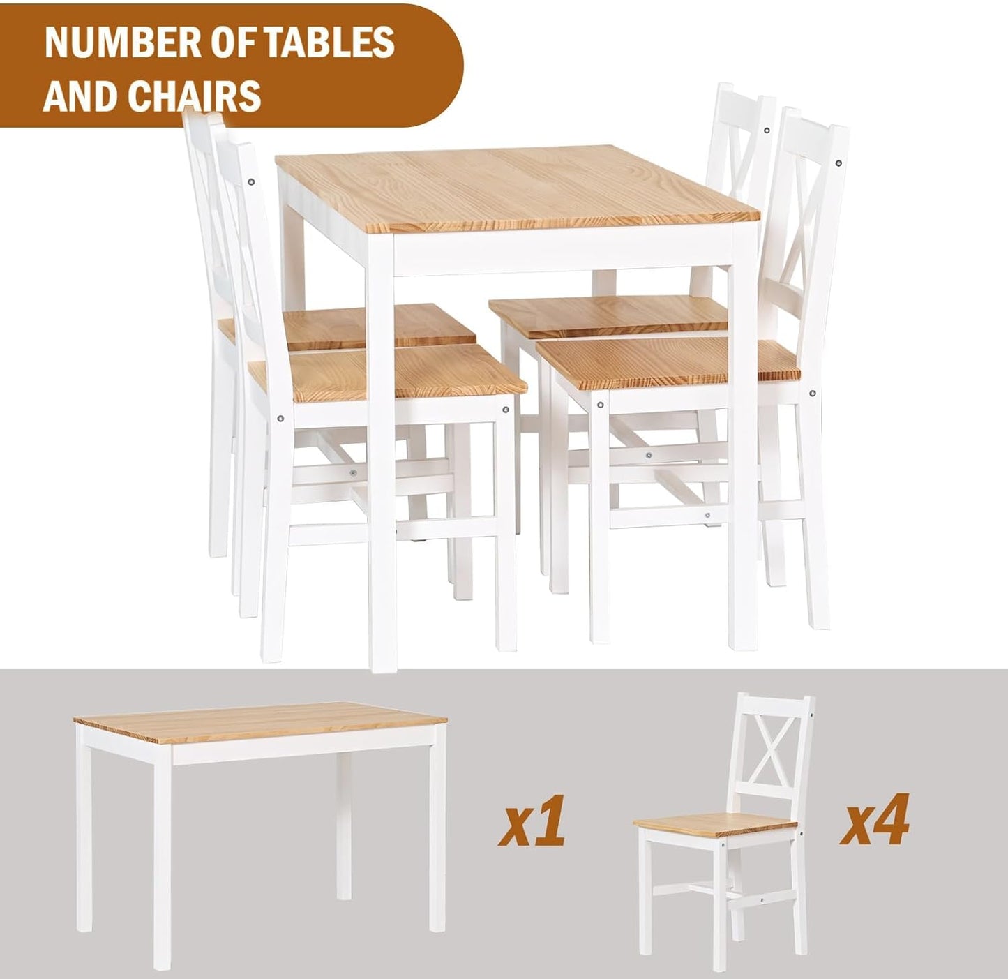 SogesPower Dining Table Set for 4, Wood Rectangular Kitchen Dining Table Set with 4 Chairs, 5-Piece Space-Saving Kitchen Table Set for Dining Room Small Space, White+Oak 43"
