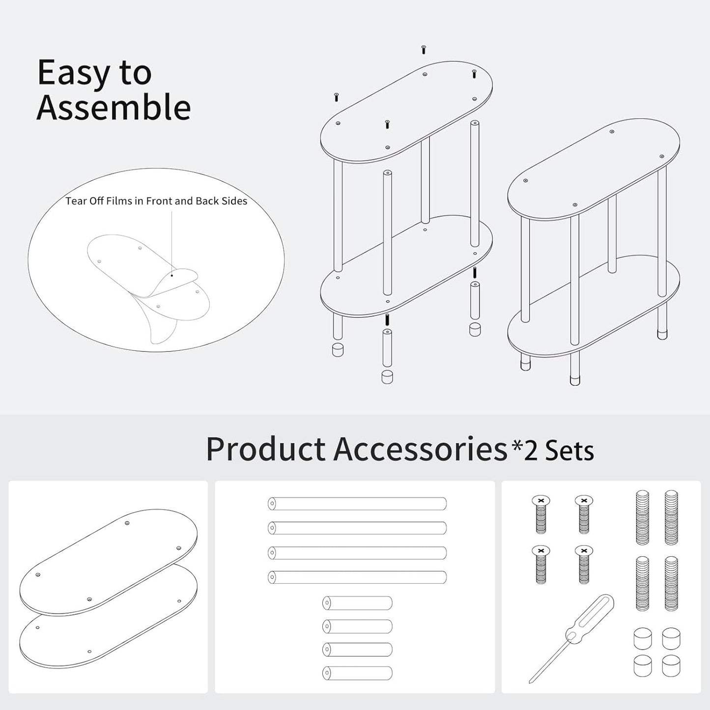 Clear Acrylic Narrow Side Table Set of 2 for Small Spaces, 15.75" L x 7.87" W x 19.82" H, 2 Tier Oval Slim End Table Nightstand, Small Skinny Bedside Table for Bedroom, Bathroom, Living Room