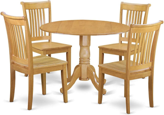 East West Furniture DLPO5-OAK-W 5 Piece Modern Dining Table Set Includes a Round Wooden Table with Dropleaf and 4 Dining Chairs, 42x42 Inch, Oak
