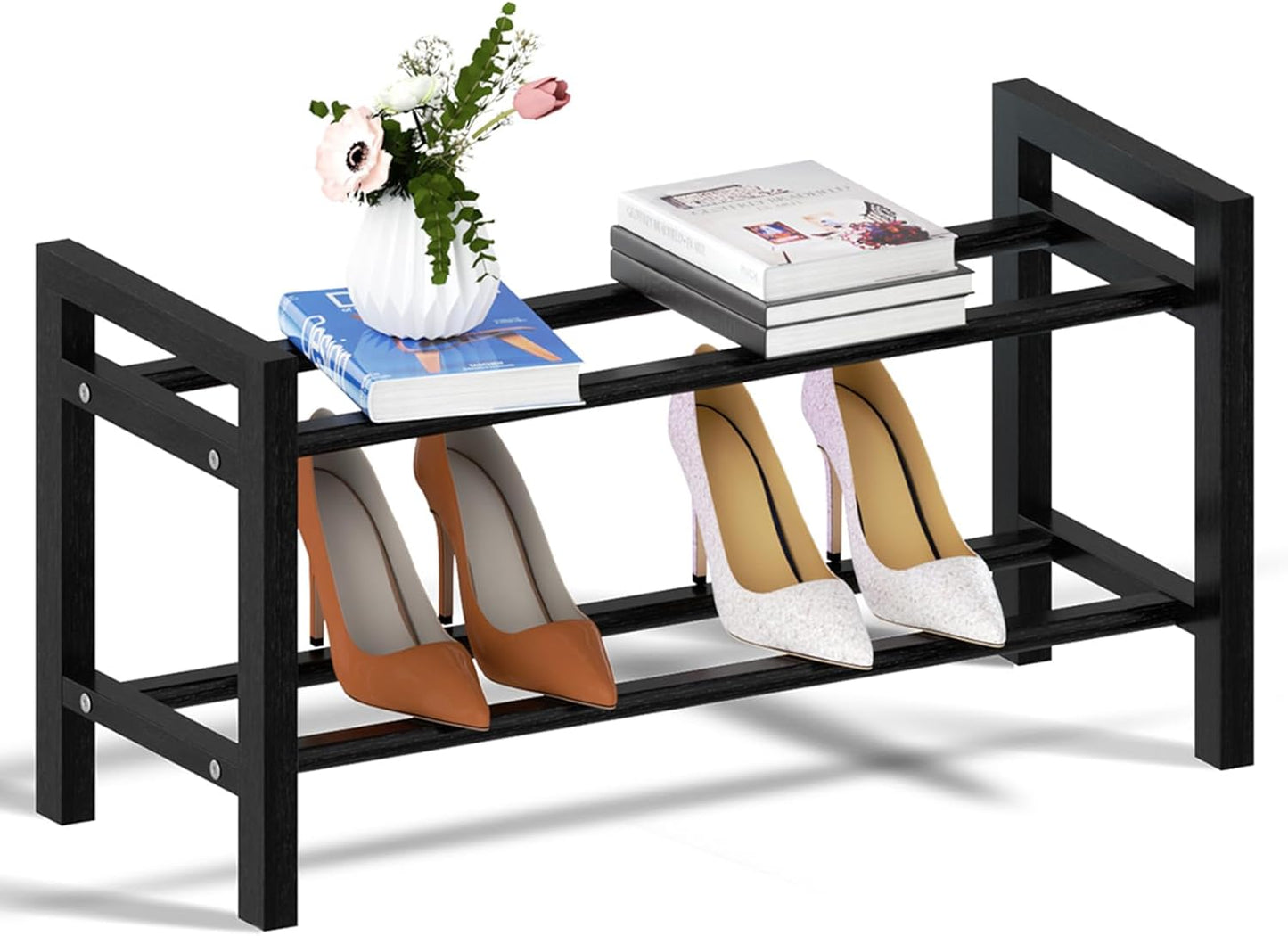 Haddockway Bamboo Shoe Rack for Closet, Free Standing Shoe Organizer with Smooth Round Rods & Convenient Handles, Stackable Shoe Storage Shelf for Entryway, Hallway(Black, 2-Tier(Small))