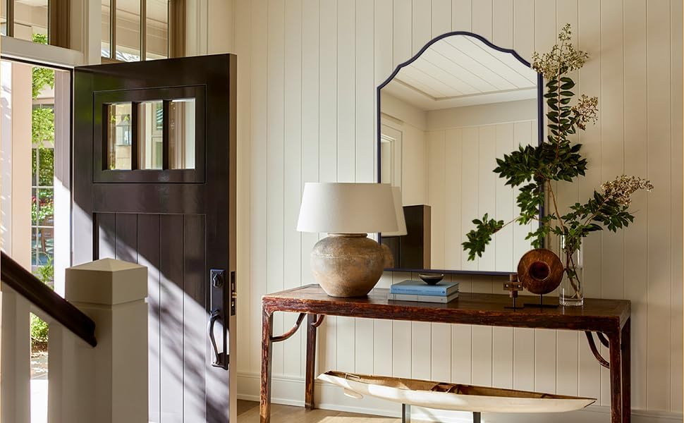 Arched Mirror Wall Decor, 36"x24" Large Vanity Mirror for Wall with Antique Black Metal Frame, Scalloped Entryway Mirror, for Bathroom, Living Room, Bedroom