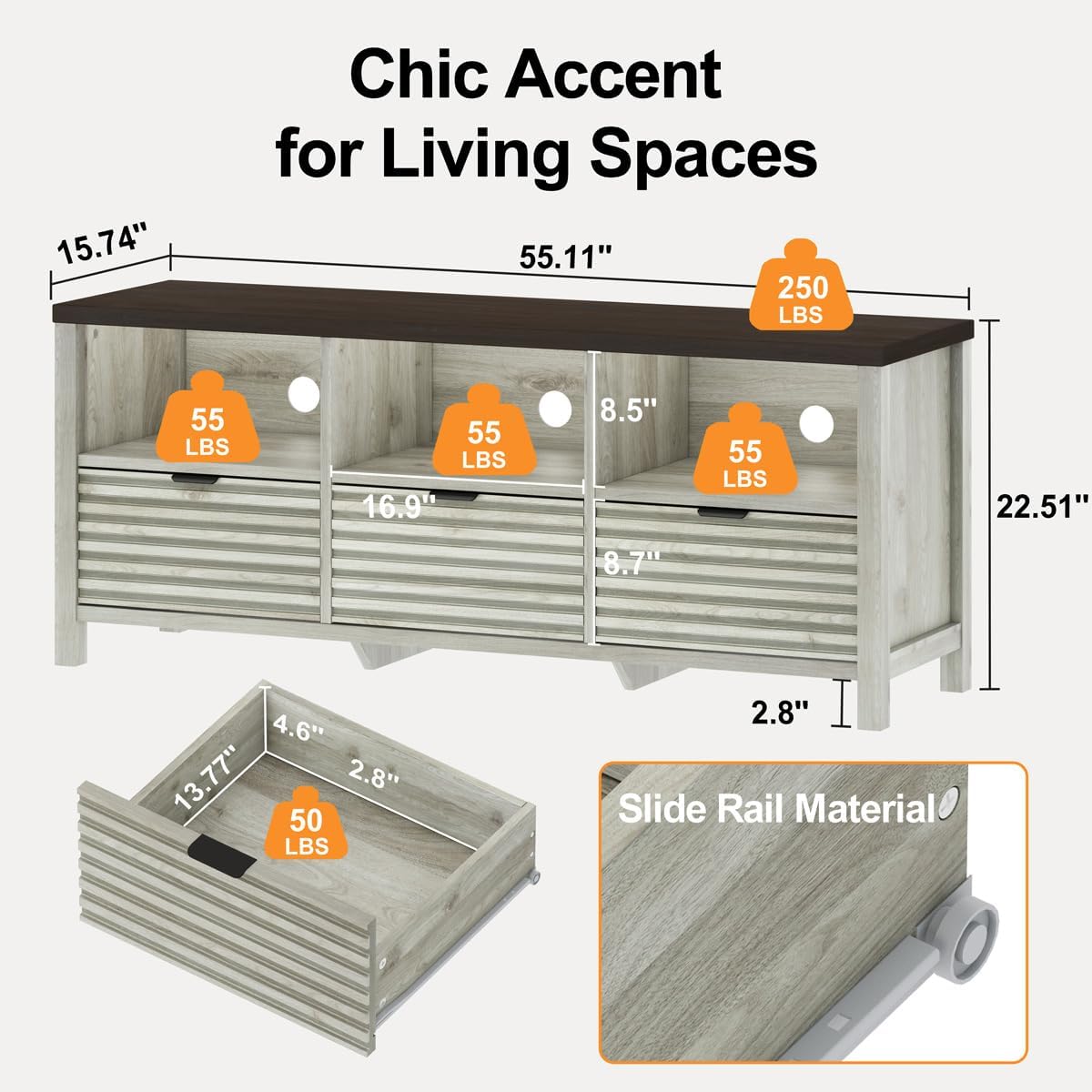 BON AUGURE TV Stand, Fluted Modern Media Console for 65 55 50 in TVs, Farmhouse Wood Entertainment Center with Storage Drawers for Living Room,Bedroom (Walnut Washed Grey)