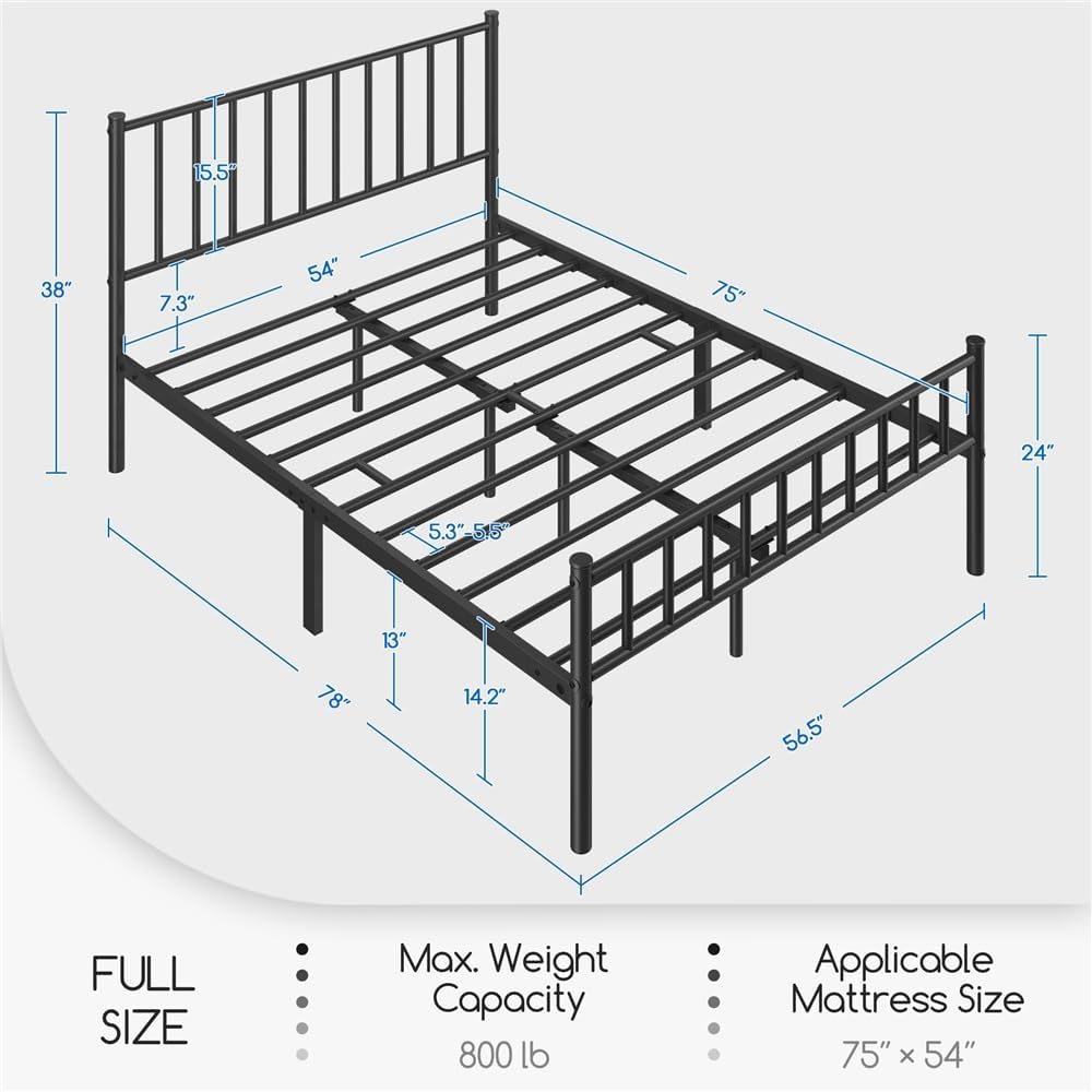 Yaheetech 14 Inch Full Size Bed Frame Metal Platform Bed with Spindle Headboard Footboard/Mattress Foundation/No Box Spring Needed/Underbed Storage Space/Steel Slat Support/Easy Set up, Black