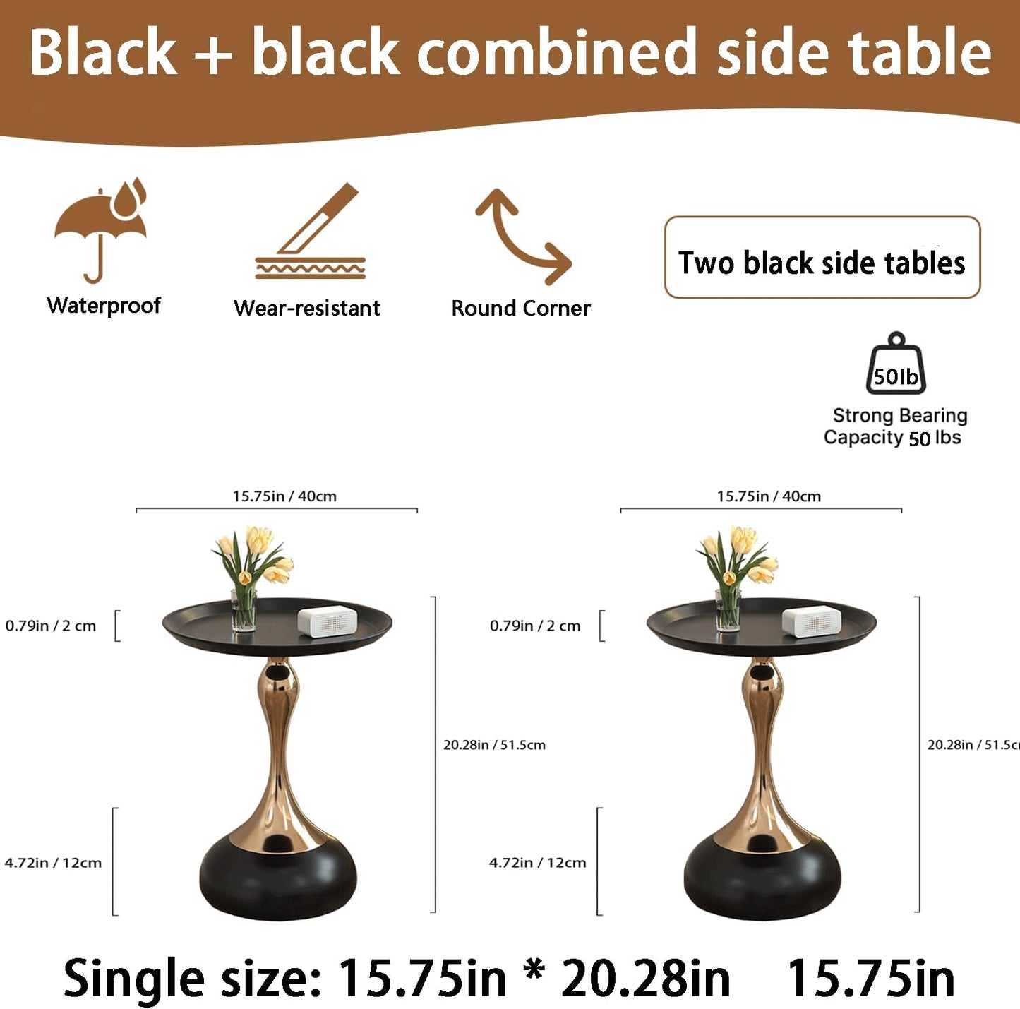 Modern Round Side Table with Gold Pedestal Base, Black Metal Top, Accent End Table for Living Room (Black+Black)