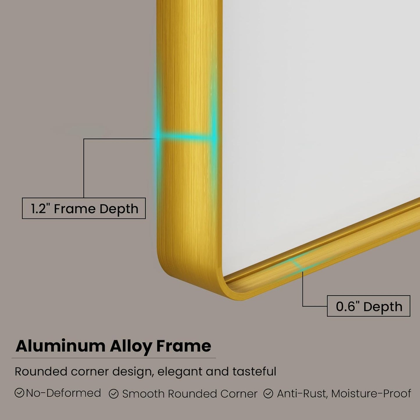 Gold Bathroom Mirror, 72x36 Inch Brushed Gold Metal Frame Mirror for Wall, Rounded Rectangle Bathroom Vanity Mirror, Tempered Glass, Anti-Rust, Horizontal/Vertical