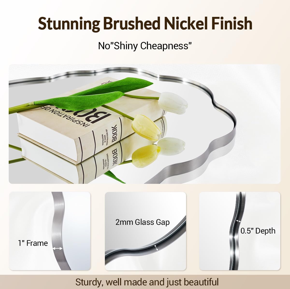 ANDY STAR Brushed Nickel Bathroom Mirror, 24x32 Inch Silver Asymmetrical Wall Mirror, Oval Bathroom Vanity Mirror, Unique Irregular Wall Mirror with Sophisticated Curved Design