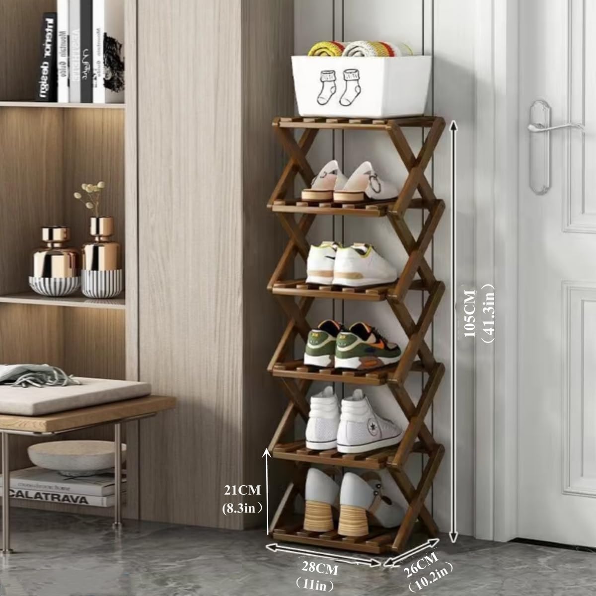 Shoe Rack, Bamboo Foldable Shoes Organizer Free Standing Shelf for Entryway, Closet, Bedroom, Hallway, | Natural | Functional | Multifunctional Shoe Rack (Brown Color) 6 Layers