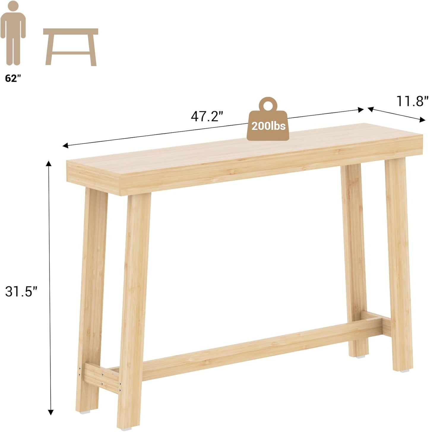Bamboo Wood Entryway Table 47.2" Console Table, Narrow Sofa Table with Support Beam for Entrance, Hallway, Living Room, Bedroom, Foyer(Natural)