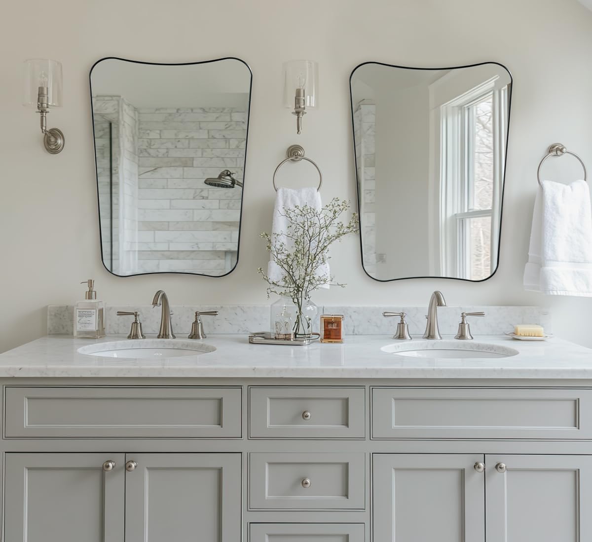 ANDY STAR Brushed Nickel Mirror, 24x32 Inch Bathroom Scalloped Mirror, Anti-Rust Stainless Steel Metal 1’’ Frame, Unique Frame Design Ideal for Bathroom, Entryway, Powder Room