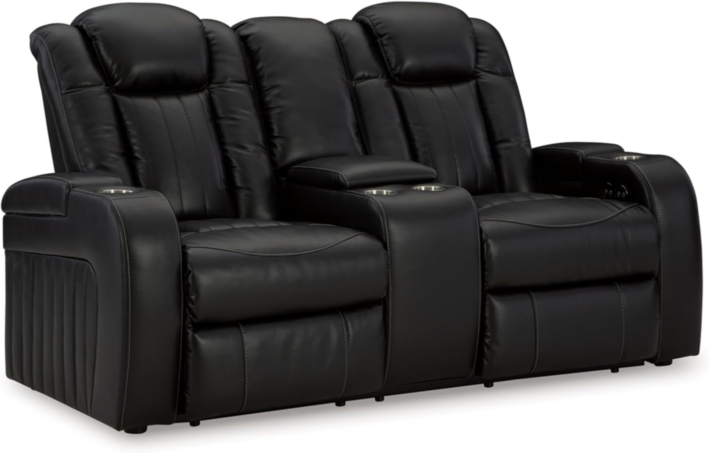 Signature Design by Ashley Caveman Den Modern Faux Leather Power Reclining Loveseat with Console, Adjustable Headrest and LED Lights, Black