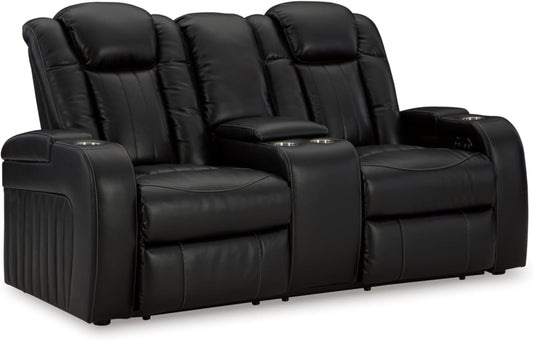 Signature Design by Ashley Caveman Den Modern Faux Leather Power Reclining Loveseat with Console, Adjustable Headrest and LED Lights, Black