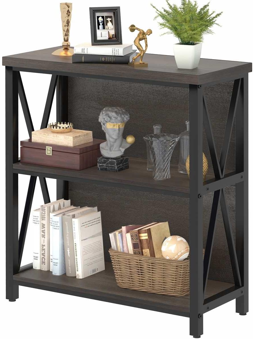 FATORRI Rustic Small 3 Shelf Bookshelf for Living Room, Industrial Low Wood Bookcase, Farmhouse Short Book Shelf for Small Space (Walnut Brown)