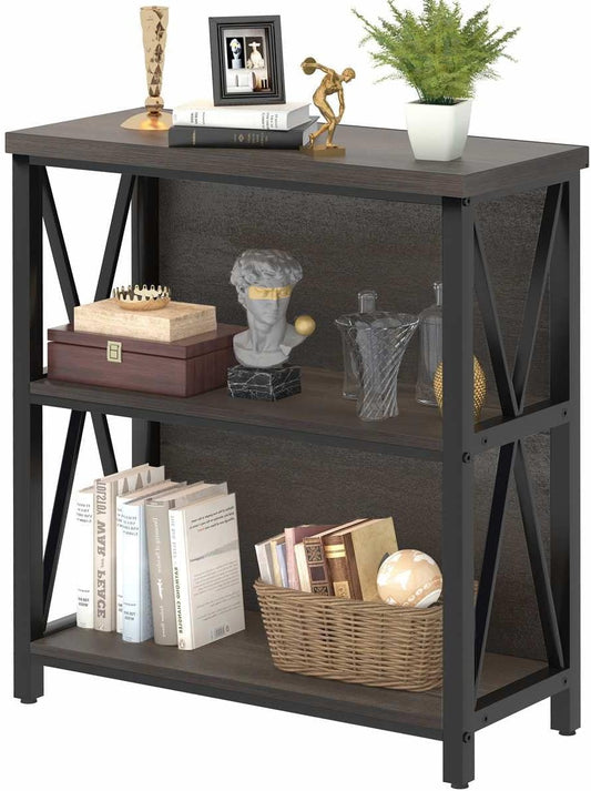 FATORRI Rustic Small 3 Shelf Bookshelf for Living Room, Industrial Low Wood Bookcase, Farmhouse Short Book Shelf for Small Space (Walnut Brown)