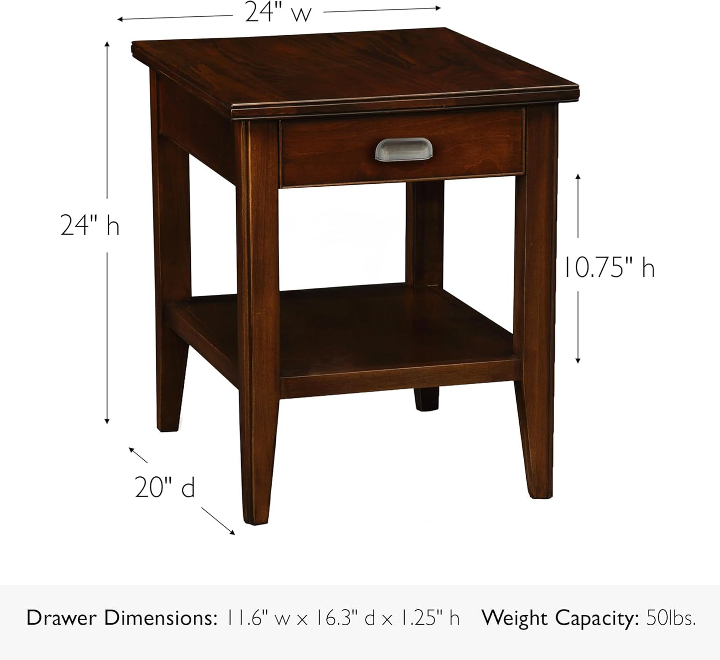 Leick Home Laurent End Table, Solid Wood, 1 Storage Drawer, Bottom Display Shelf, Easy-Assembly, For Living Room/Bedroom, Chocolate Cherry, 20.0 in. L x 24.0 in. W x 24.0 in. H, 10507