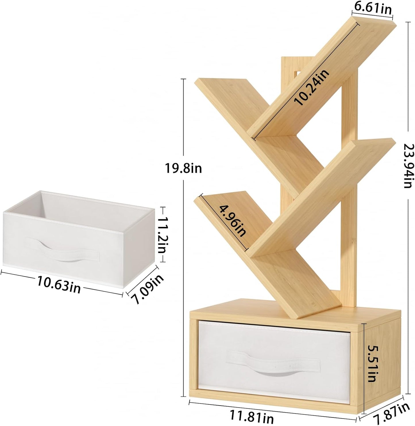 Small Book Shelf with Drawer,4 Tier Black Tree Bookshelf,Wooden Desktop Bookcase,Modern Desk Display Storage Bookshelves,Floor Standing Organizer Bookcases for Living Room,Bedroom,Office