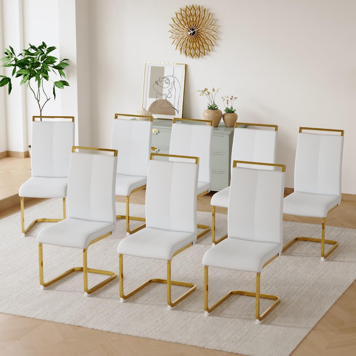 Dining Chairs Set of 8, Faux Leather with Plated Chrome Metal Frame, Modern Kitchen Chairs with Padded Seat High Back for Dining Room, Kitchen, Living Room