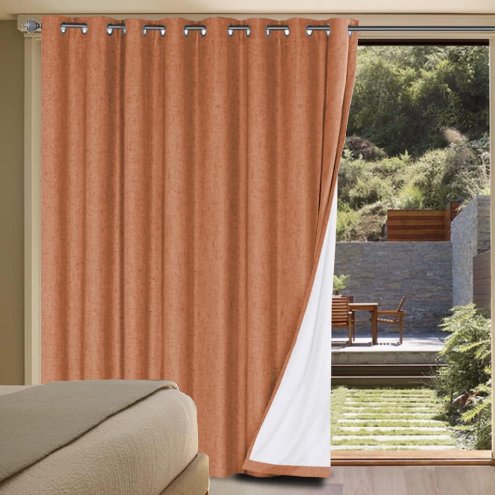 H.VERSAILTEX Linen Blackout Curtains Durable Thick Textured Linen Look 100% Blackout Patio Door Curtain Anti Rust Grommet Extra Wide Sliding Door Curtain Panel, Orange, W100 x L96 inch