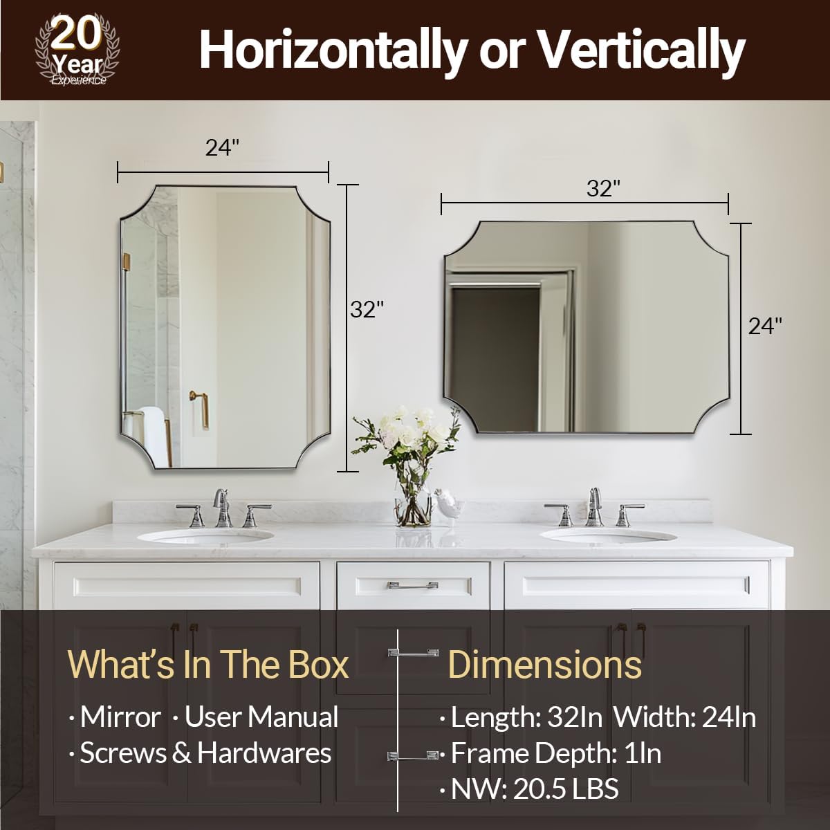 ANDY STAR Brushed Nickel Mirror 24x32 Inch, Scalloped Bathroom Mirror, Silver Rectangle Mirror in Anti-Rust Stainless Steel Metal Thin Frame Deep 1", Horizontal/Vertical