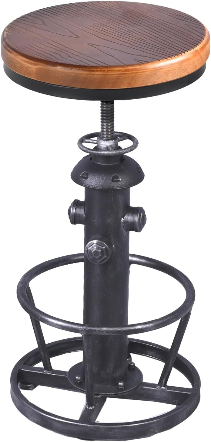 Topower Antique Industrial Round Bottom Adjustable Height Cafe Coffee Retro Vintage Stylish Water Pipe Design Pub Kitchen Bar Stool (Silver, Wooden Top)