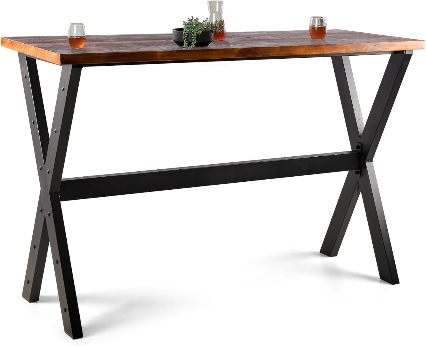 Bar Table, 63"L×41.33"H Bar Height Pub Table High Top Rectangular Sofa Console Table Kitchen Dining Coffee Table, for Narrow Space, Living Room, Indoor, Rustic Brown Wood, Industrial Black Metal