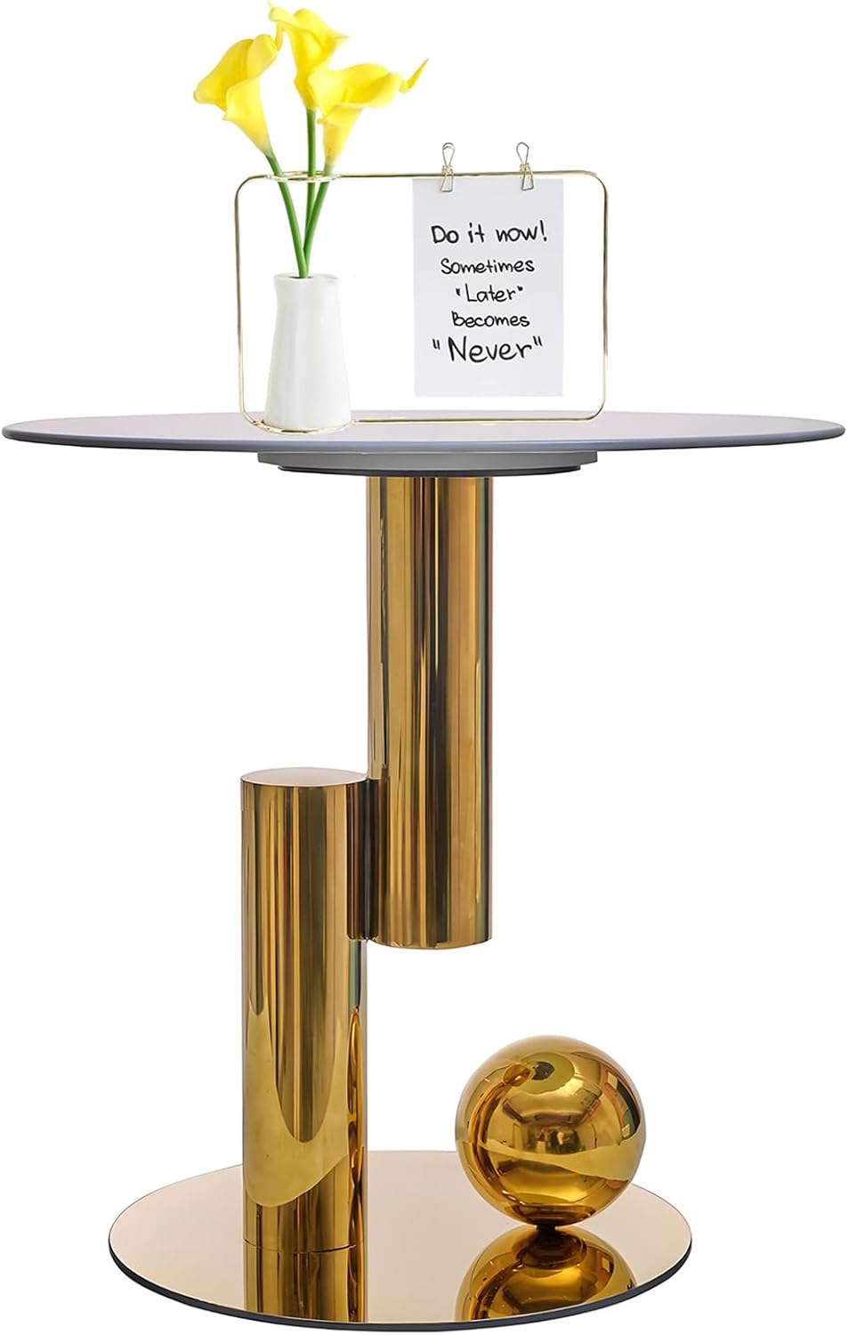 White Gold Round Side Table, 19.7" Faux Marble Sofa End Table, Modern Nightstand, Small Accent Table with Stainless Steel Ball/Cylindrical Frame, for Living Bedroom Office (Gold, 50cm/19.7")