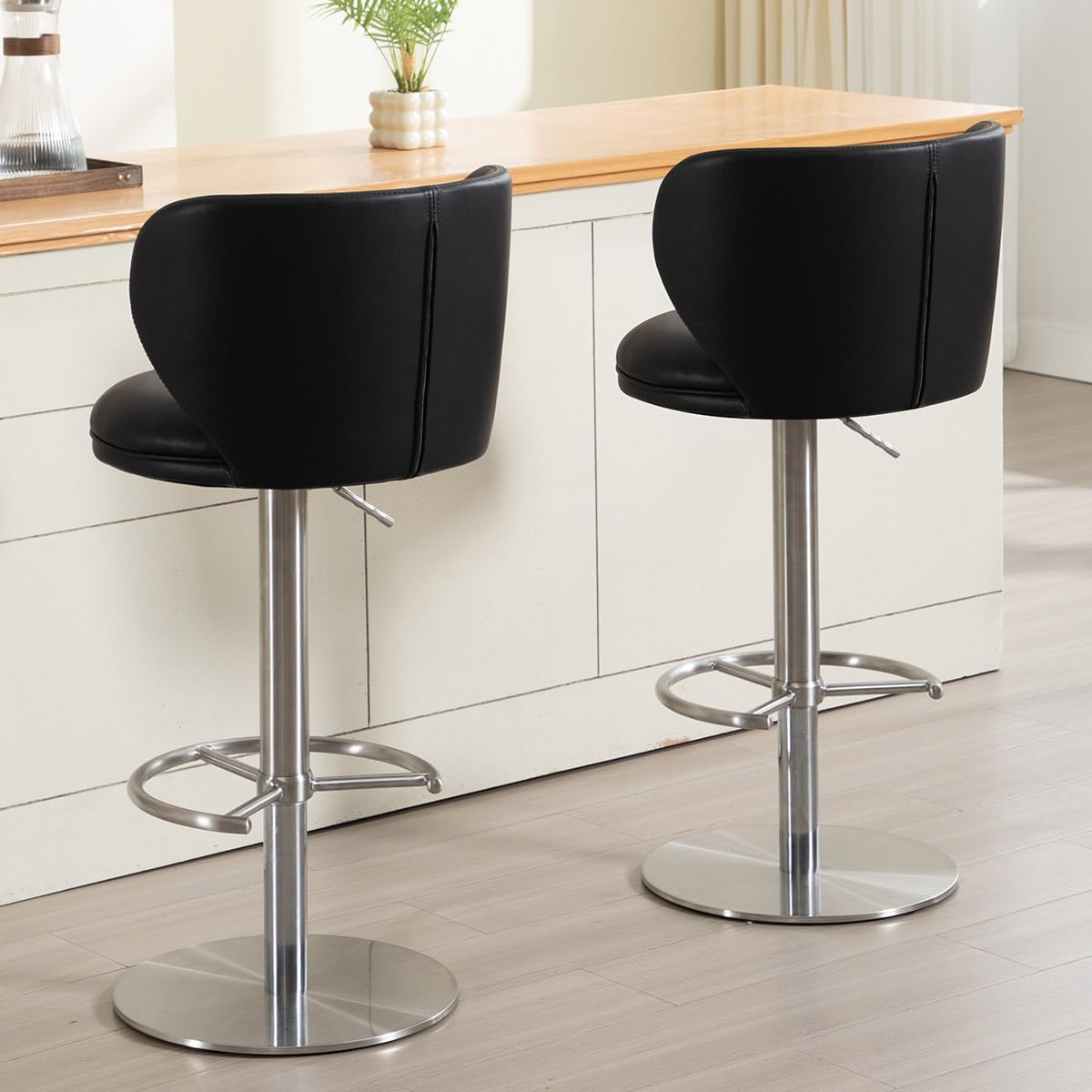 Black Titanium Stainless Steel Bar Stools,Grade Modern Leather Bar Chair with Backrest,Swivel Adjustable Height for Kitchen Counter and Dining Room (Black Leather-2pcs)