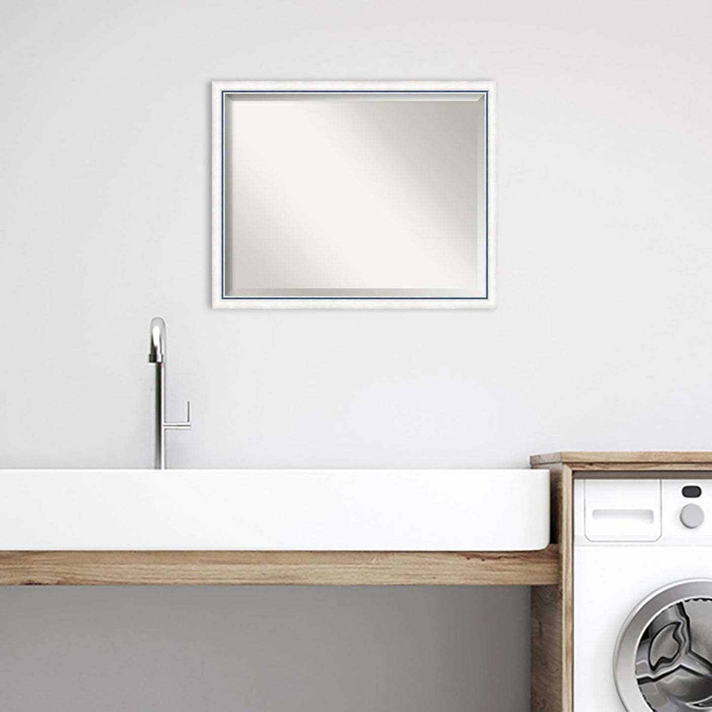 Amanti Art White Bathroom Mirror for Over Sink, 24x30 Morgan White Blue Rectangle Vanity Mirror, Large Modern Contemporary Wood Frame, Hangs Horizonally and Vertically, Bathroom Wall Decor, Beveled