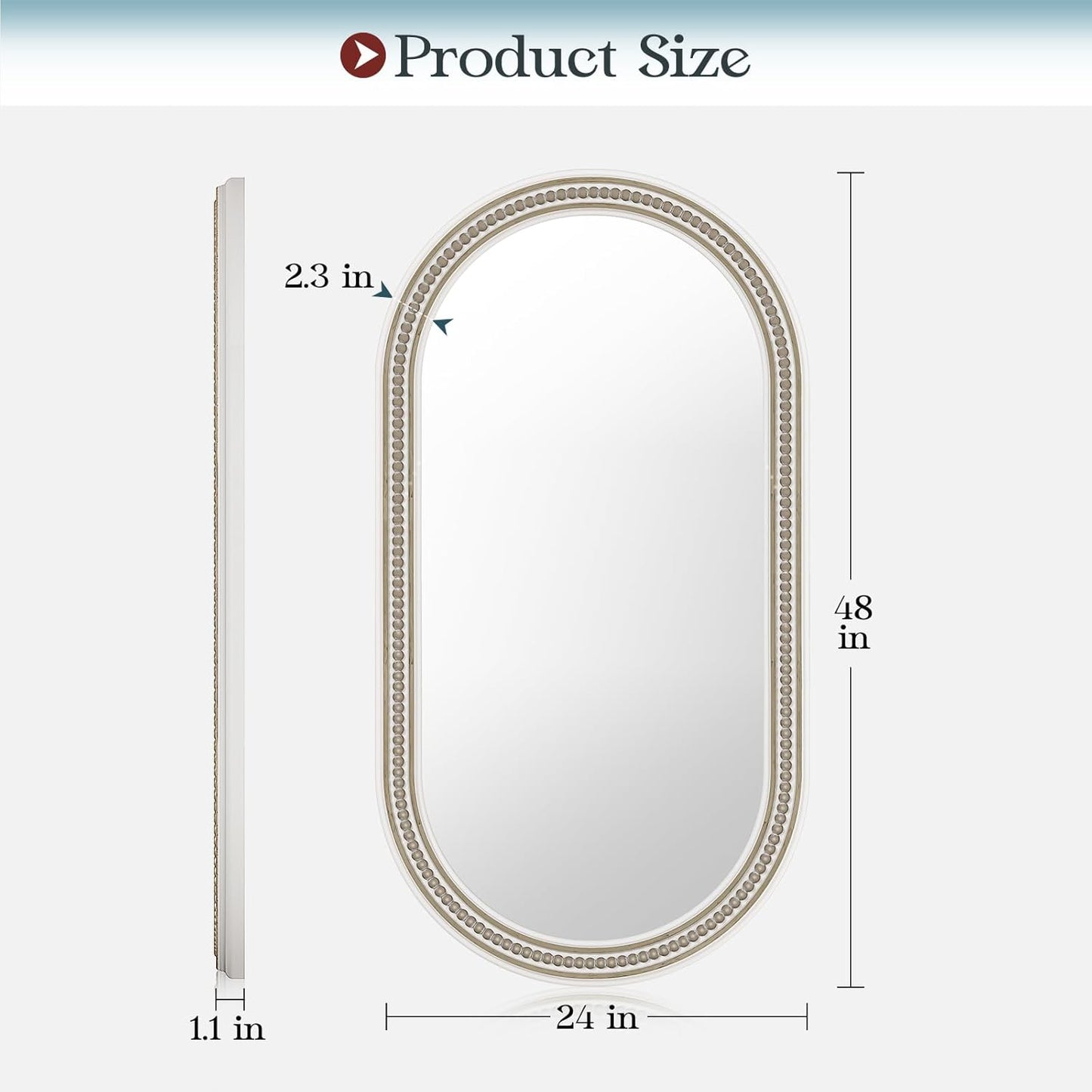 Boho Oval Mirror, 24" x 48" White Beaded Tall Farmhouse Mirrors Antique Oval Bathroom, Wooden Rustic Decorative Mirror for Wall, Bedroom, Dining Room, Hallway