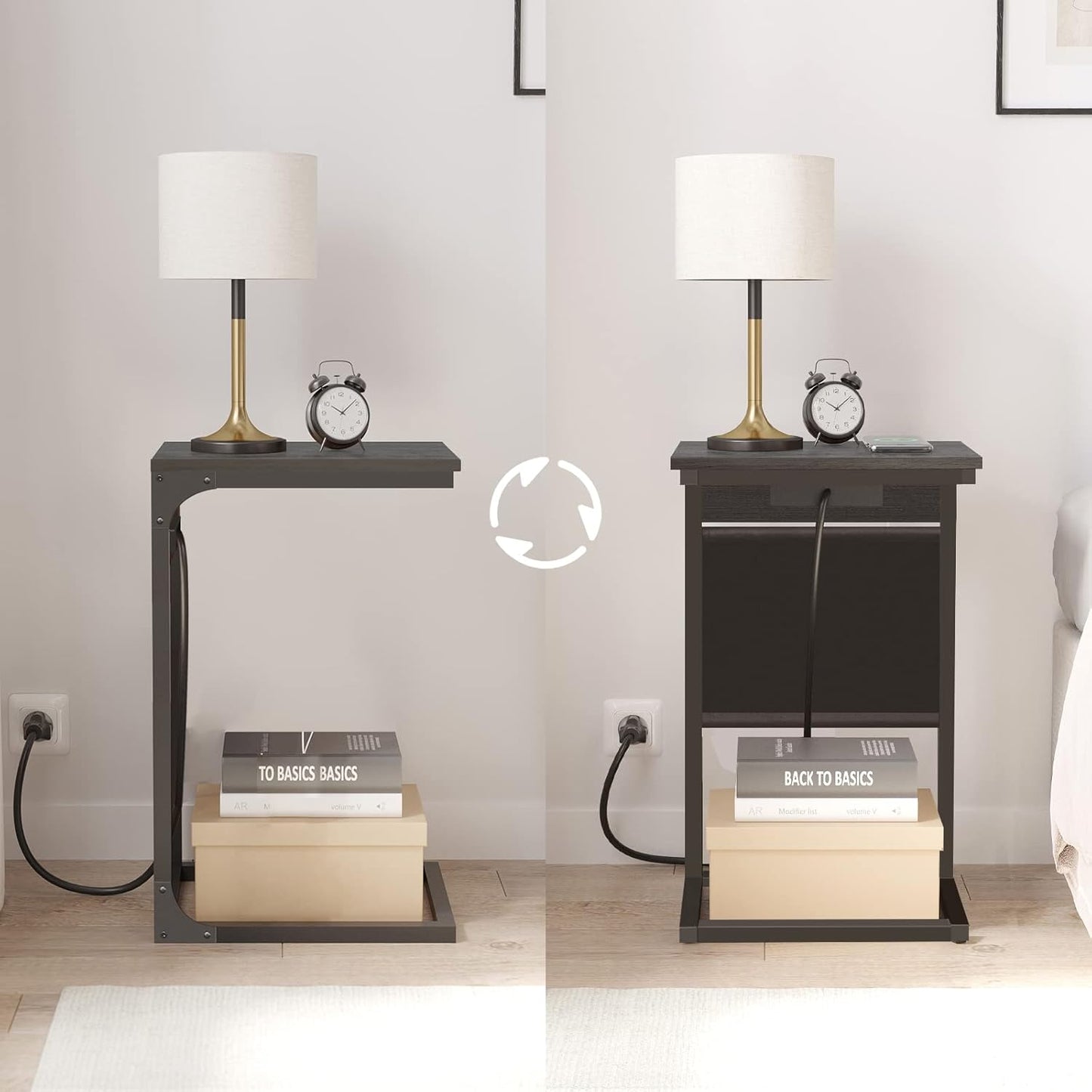 TUTOTAK C Shaped End Table with Charging Station, Side Table for Sofa and Couch with Storage, TV Tray Table with 2 USB Ports & Outlets - Black TB01BK024