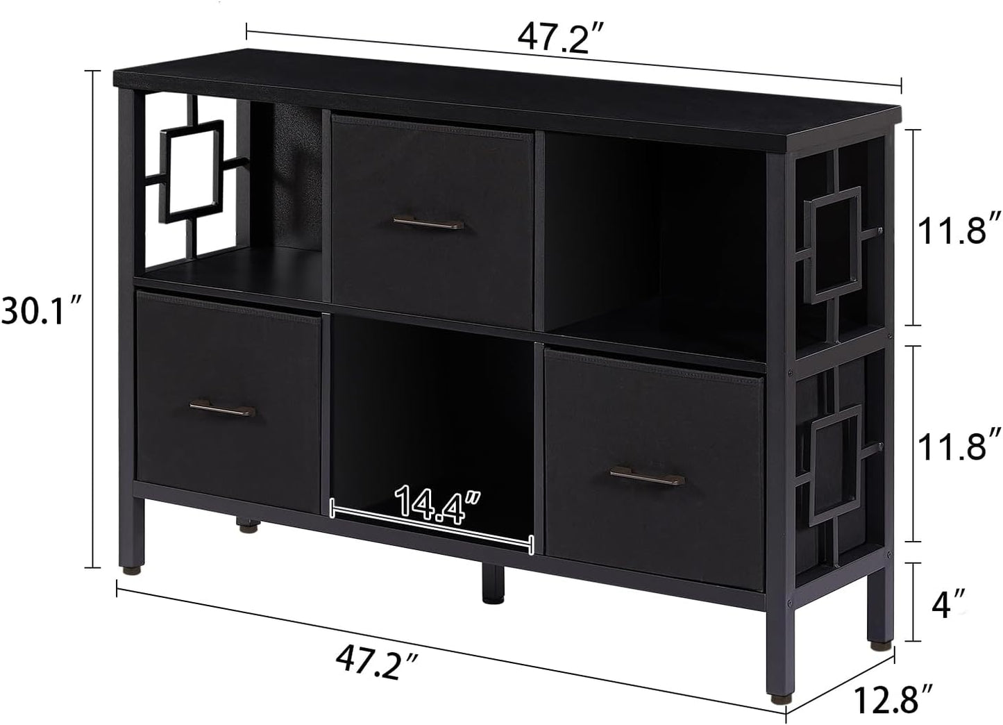 HOMISSUE 6 Cube Storage Organizer Shelf, Rustic Short Bookshelf with 3 Storage Bins, Industrial Horizontal Bookshelf with Metal Frame, Low and Wide Cube Bookcase for Living Room and Office, Black