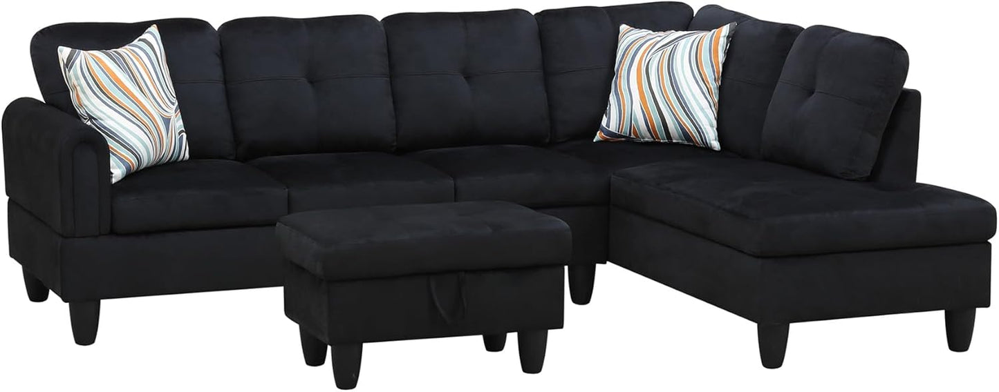 Couches for Living Room Modern L Shaped Couch Comfy Flannel Fabric 3 Pieces Sectional Sofa with Chaise, Ottoman with Storage for Office and Small Apartment, Black