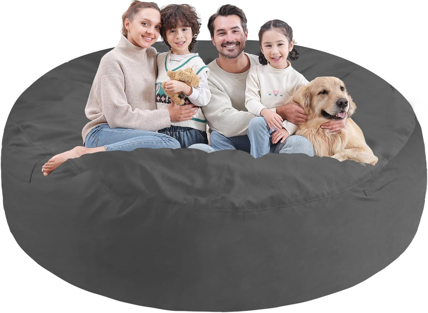 7FT Bean Bag Chair, Large Bean Bag Chairs with Memory Foam Filled, Fluffy Beanbag Sofa with Dutch Velvet Cover, Round BeanBag Chairs for Living Room, Playroom - Grey