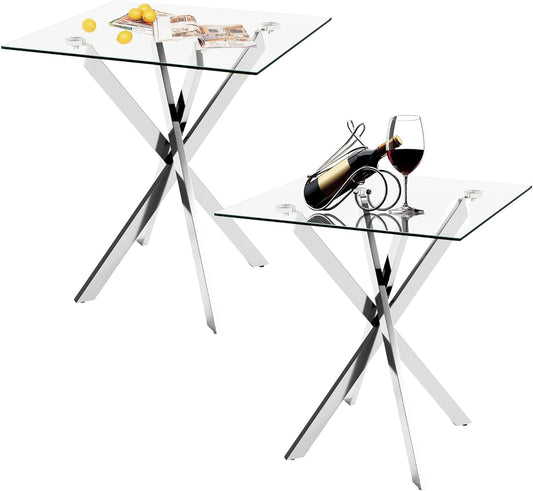 Side Table Set of 2, Modern End Table Set with Tempered Glass Top and Metal Legs for Home Office (Silver)