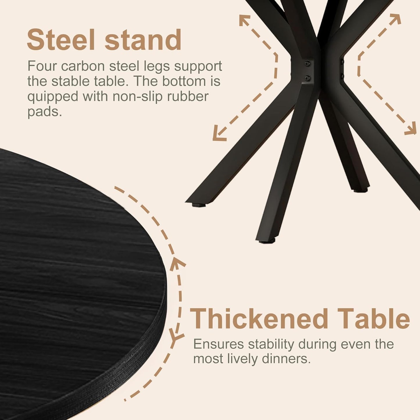 47 Inch Round Dining Table for 4, Modern Round Dinner Table Small Mid Century Dining Room Tables, Leisure Kitchen Tables for Small Space, Kitchen, Living Room, Steel Legs, Black