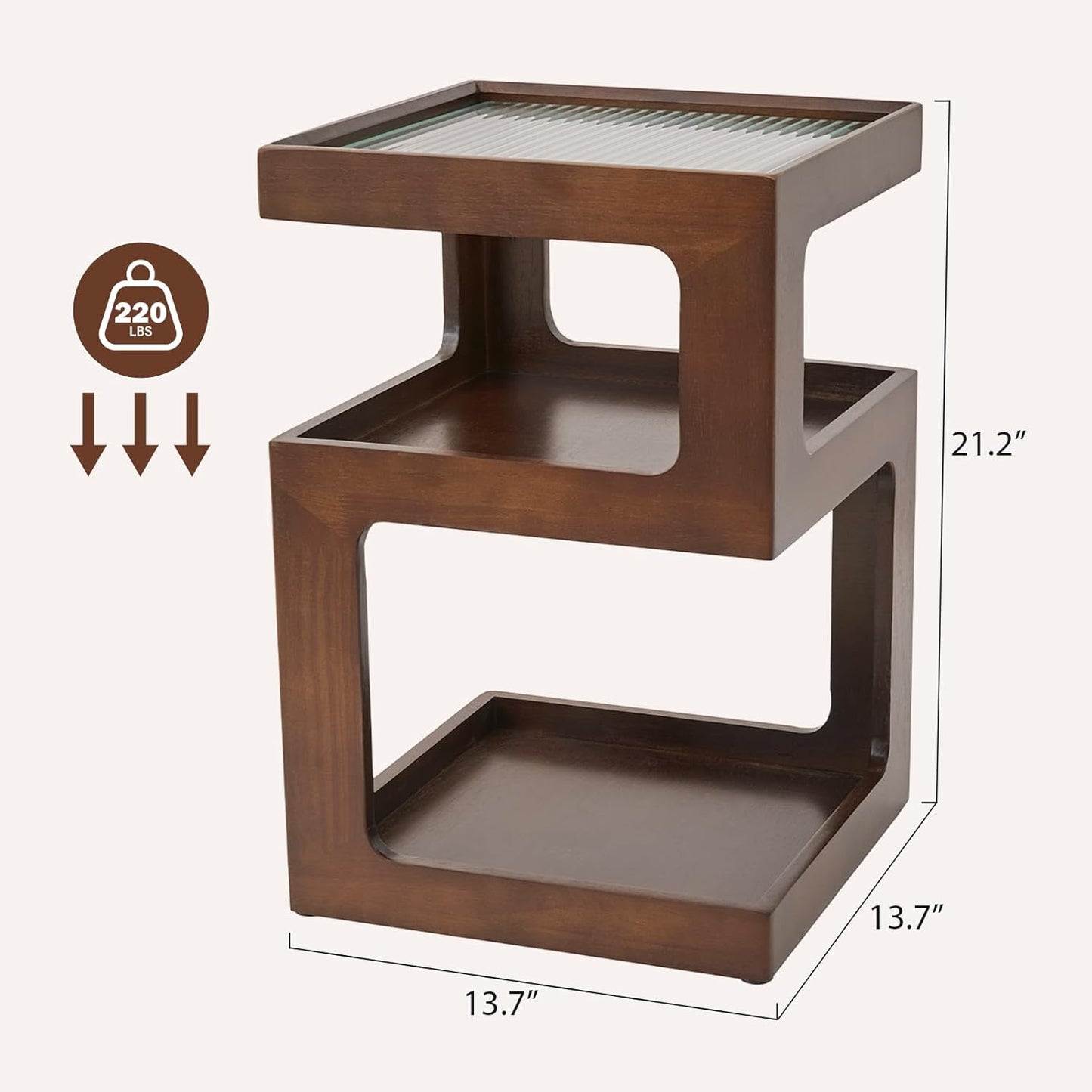 Uniclinens Bookshelf Nightstand 3-Tier Storage, End Side Table with Tempered Glass Desktop, Modern Solid Wood Bedside Table for Bedroom Living Room, Walnut