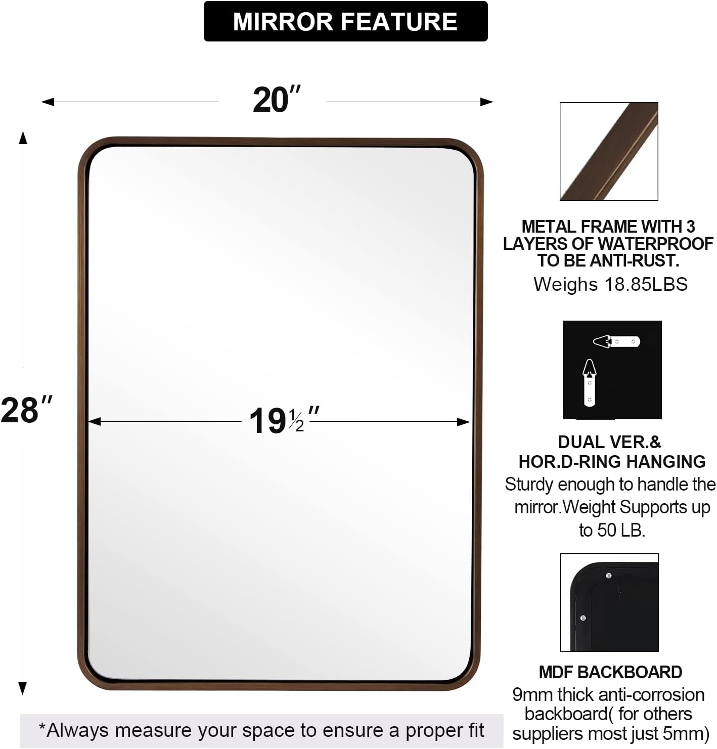 ANDY STAR Bronze Mirror for Wall, 20x28 Rounded Rectangle Farmhouse Mirror, Brushed Bronze Bathroom Mirror for Wall, Modern Vanity Mirror in Metal Frame Hang Vertically or Horizontally