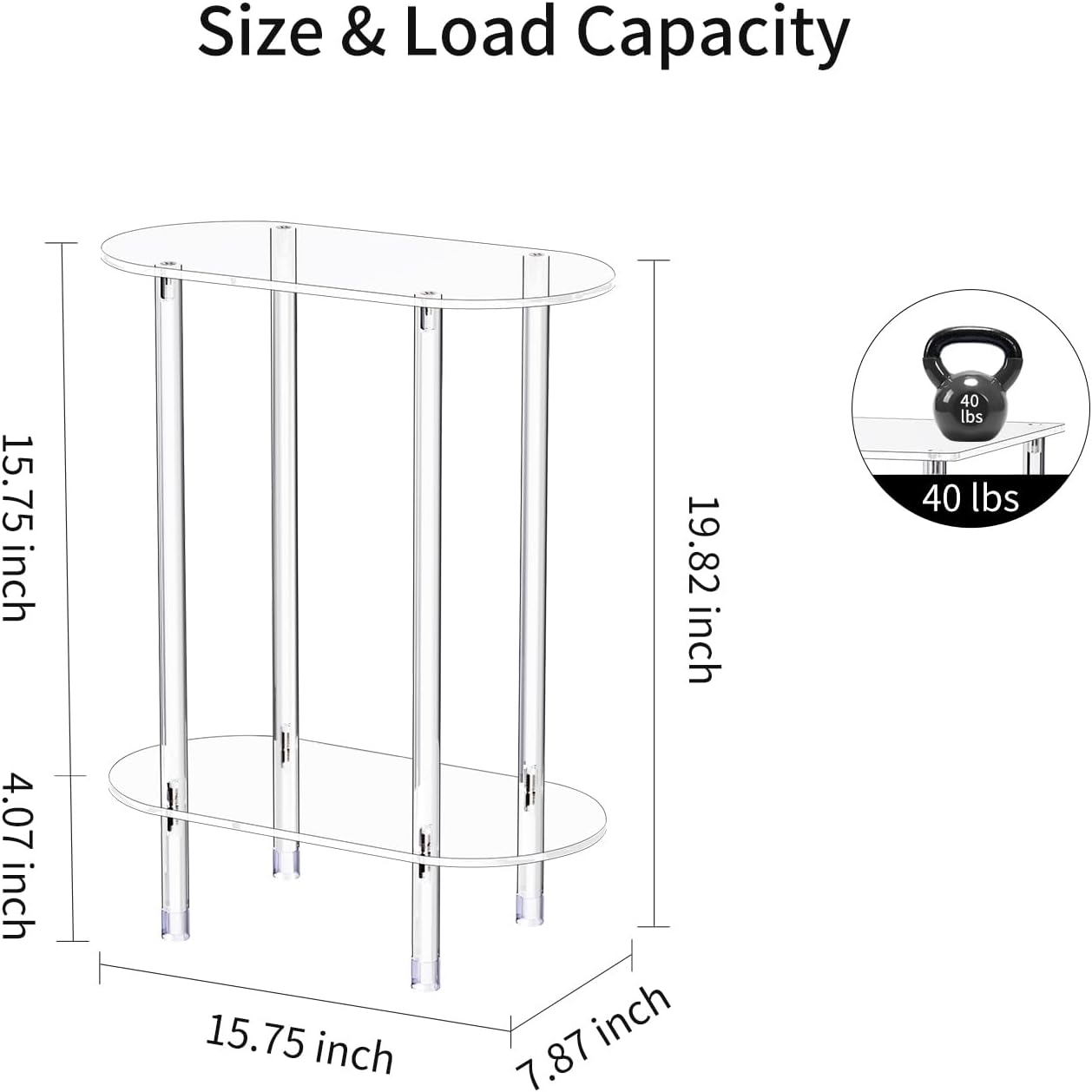 Clear Acrylic Narrow Side Table Set of 2 for Small Spaces, 15.75" L x 7.87" W x 19.82" H, 2 Tier Oval Slim End Table Nightstand, Small Skinny Bedside Table for Bedroom, Bathroom, Living Room