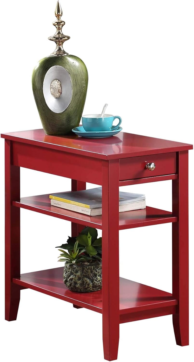 Convenience Concepts American Heritage Chairside End Table with Drawer 23.5" - Classic Living Room Table with Storage Shelf, Bedroom Nightstand, Cranberry Red
