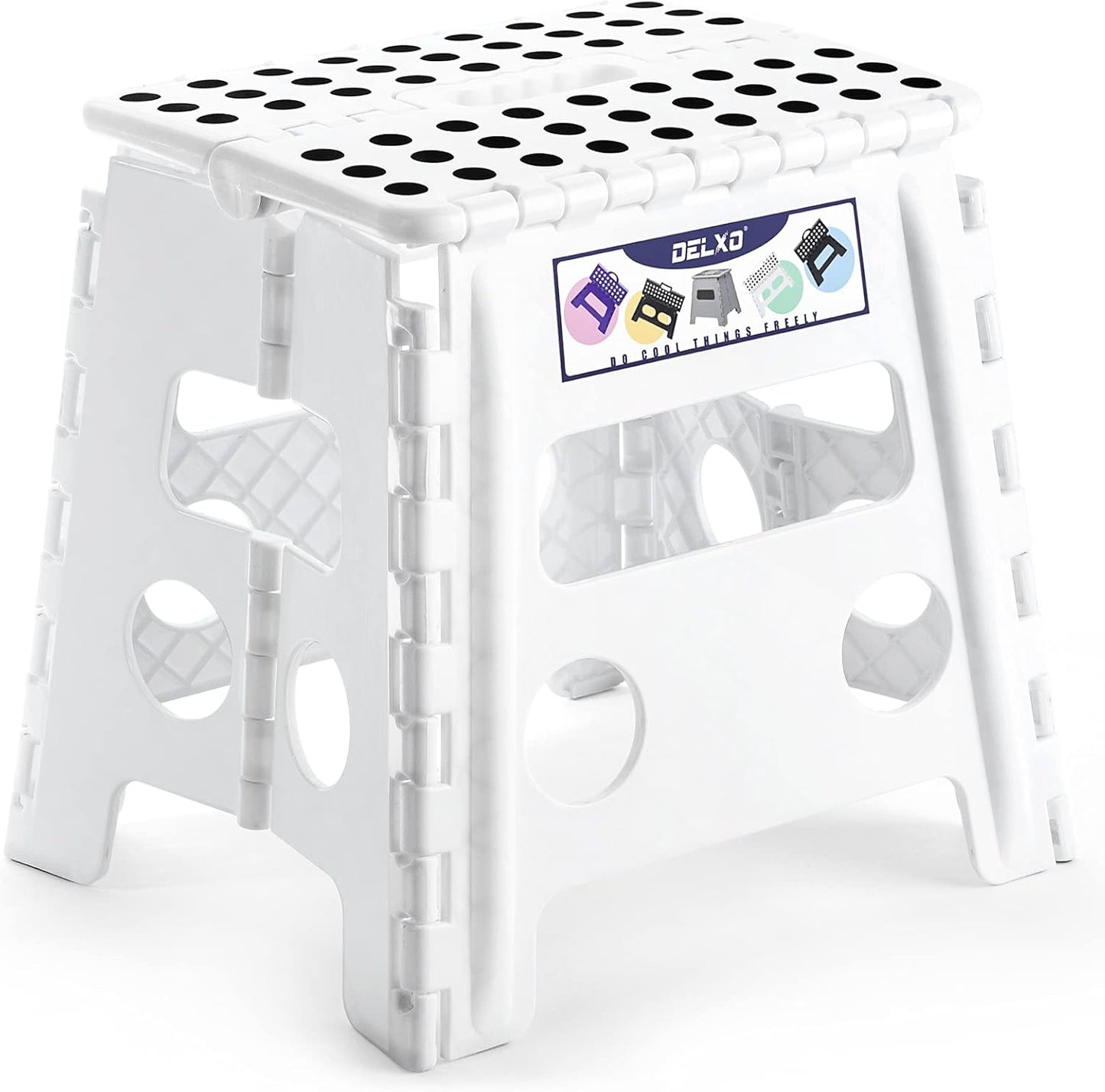 Delxo 13" Folding Step Stool, Non-Slip Foldable Step Stools with Handle,Plastic Portable Folding Stool for Bathroom,Bedroom,Kitchen,Hold up to 300lbs White