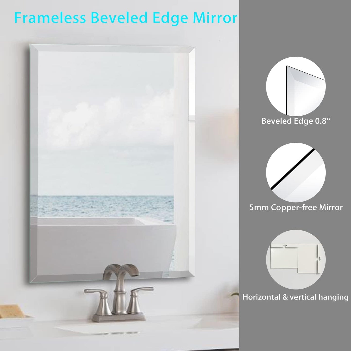 Beveled Edge Mirror 20x28 Inch Frameless Rectangle Bathroom Wall Mirror Explosion Proof and Shatterproof Bathroom Vanity Mirror Wall Mounted Hang Firmly (Horizontal or Vertical)