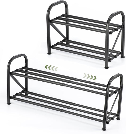 2-Tier Shoe Rack for Closet, 16"-33" Expandable ShoeRack, Adjustable for Entryway Closet Doorway SturdyMetal, Black