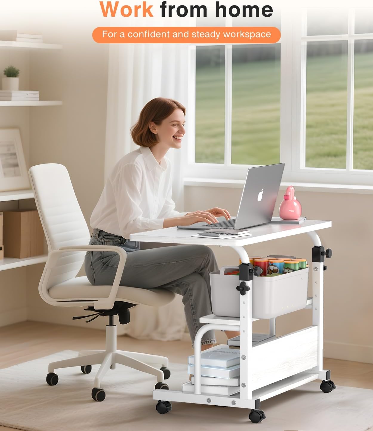 Portable Desk with Wheels Small Standing Desk on Wheels Adjustable Height Rolling Desks for Small Spaces, 32" Computer Desks with Storage Shelves for Home Office Study White